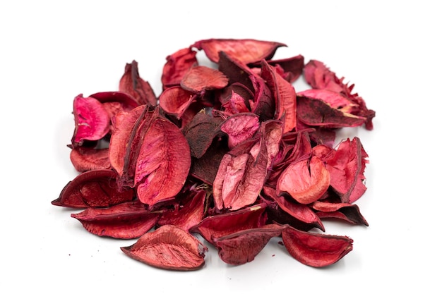 Dry rose petals isolated on white background