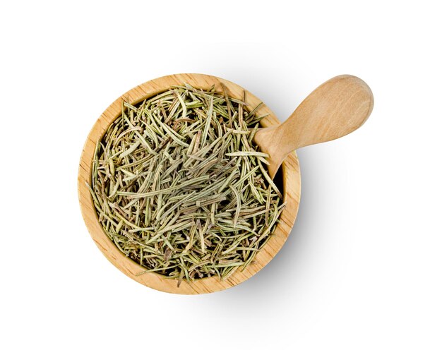 Dry rosemary in wooden bowl and spoon isolated on white background include clipping path