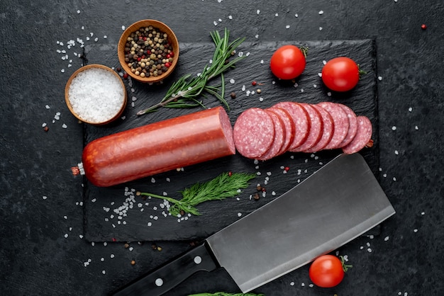 Photo dry salami sausage with fresh rosemary and spices on a stone background