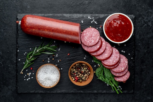 Dry salami sausage with fresh rosemary and spices on a stone background