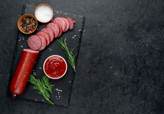 Dry salami sausage with fresh rosemary and spices on a stone