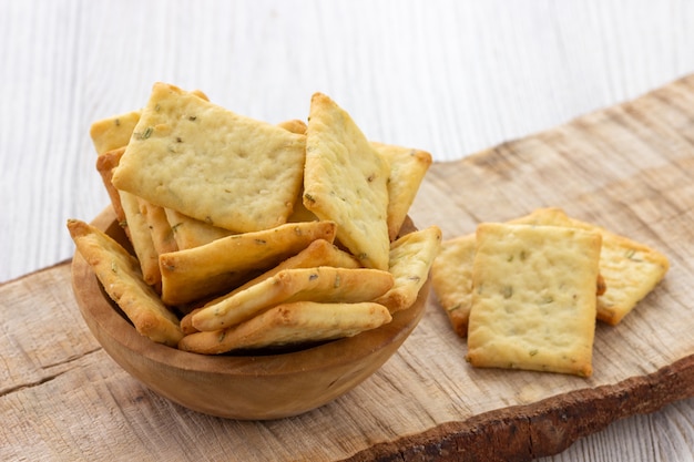 Dry salty cracker cookies in a bowl