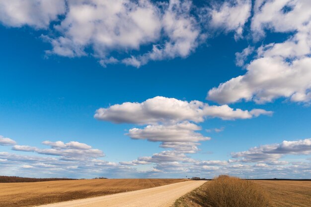 A dry sandy road passes through a field under the scorching sun and clouds Dirt road outside the city in the village Arid climate on earth Climate change and its consequences