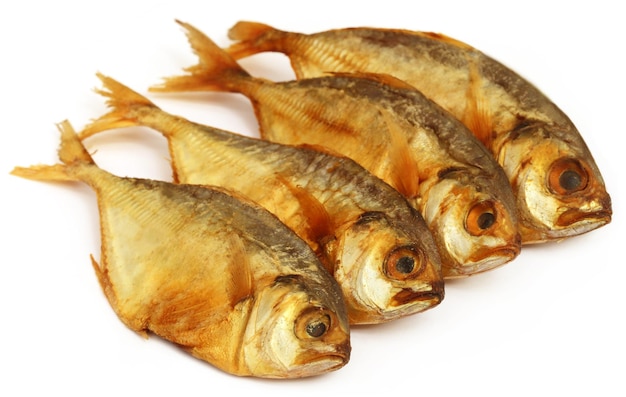 Dry scaled sardine fish over white background