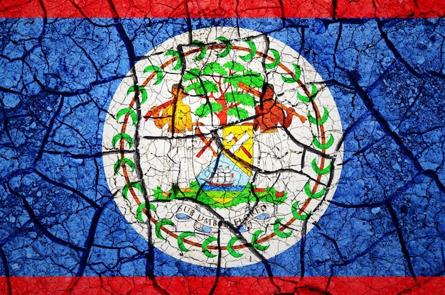 Dry soil pattern on the flag of Belize. Country with drought concept. Water problem. Dry cracked