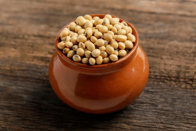 Dry soyabean seed in bowl on wooden background