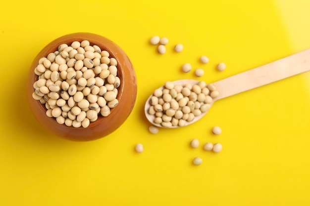 Dry soyabean seed in bowl on yellow background