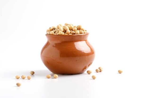 Dry soybean seed in bowl on white background