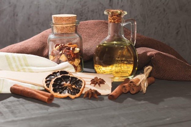 Dry spices and oil on the table