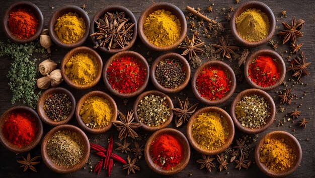 Dry spices in wooden bowls on an old background