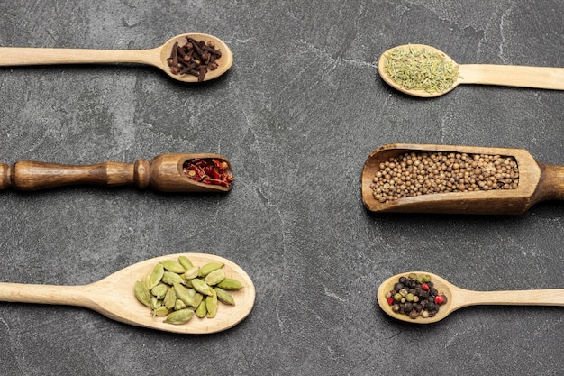 Dry spices in wooden spoons