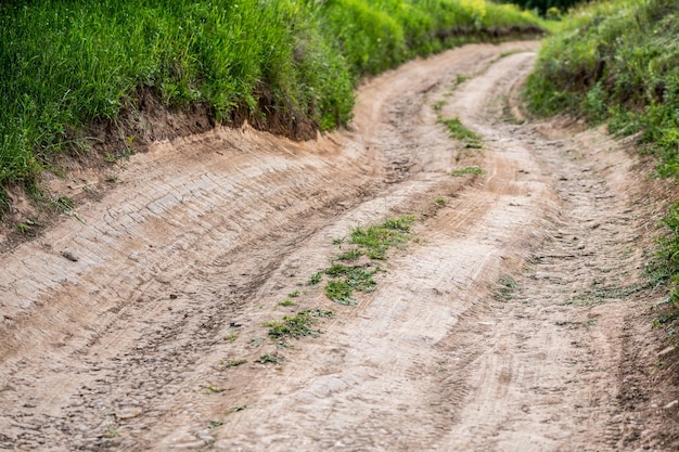 写真 選択的な焦点と乾燥した夏の未舗装道路のクローズアップ