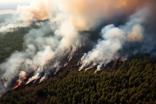 Dry summers and forest fires Disaster for animals and disruption of ecosystems Aerial top view of a burning coniferous forest