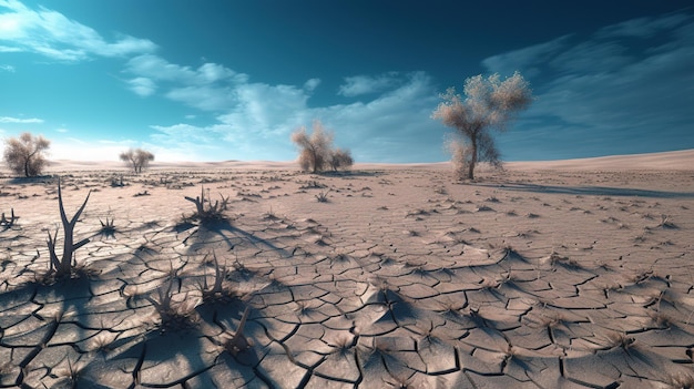 Сухая поверхность в пустыне с генеративным искусственным интеллектом бесконечного небесно-голубого цвета