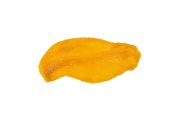 Dry tasty mango slices isolated on a white background. Top view.