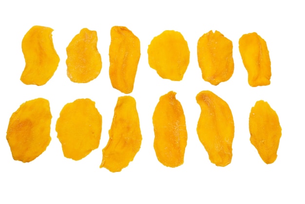 Dry tasty mango slices isolated on a white background. Top view.