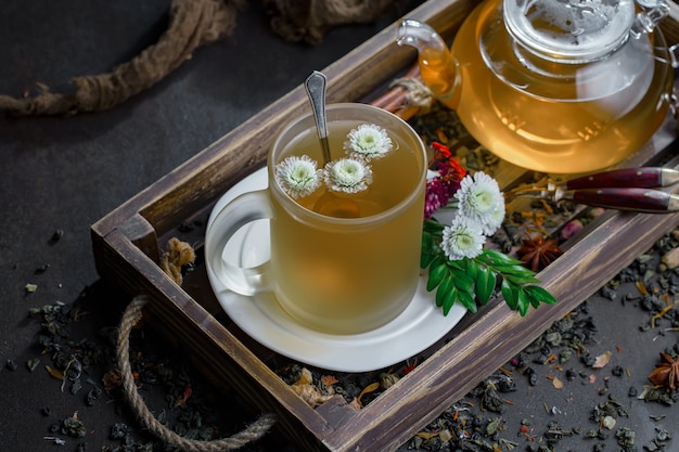 Dry tea leaves on a table on an old background