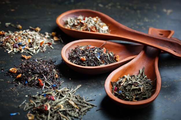 Dry tea leaves on a table on an old background.