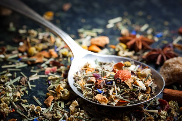 Dry tea leaves on a table on an old background