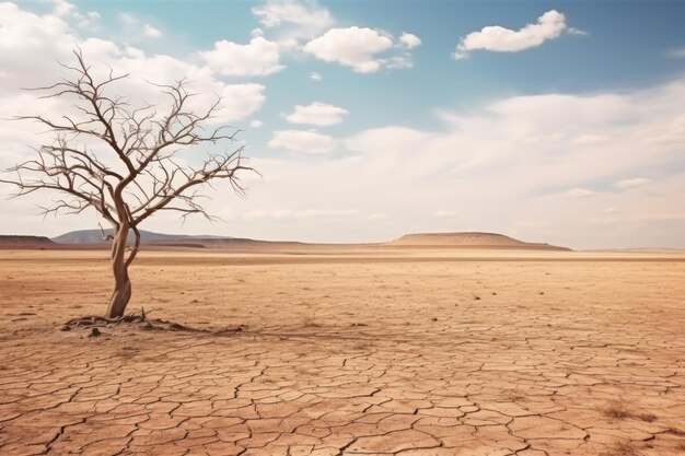 Photo dry tree among desert parched soil under cloudy sky