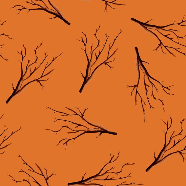 Dry tree branches stained watercolor seamless pattern