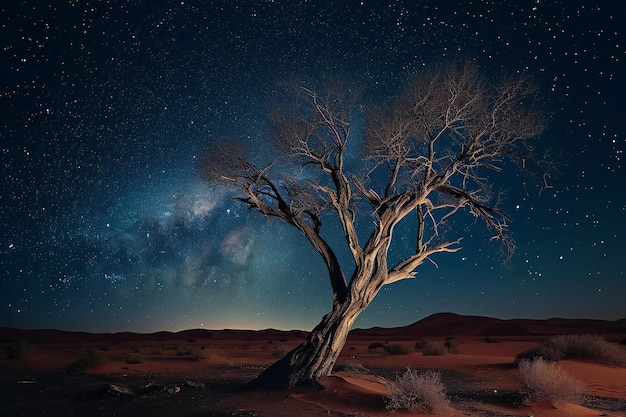 Dry tree in the middle of the vast desert during the chilly night