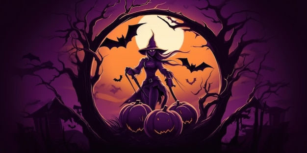 Dry trees frame with witch halloween jackolantern pumpkins bats inside it orangeviolet image