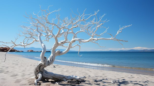 Dry twigs on white sand beach minimalist view