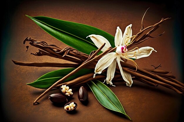 Photo dry vanilla beans and white orchid buds with green leaves
