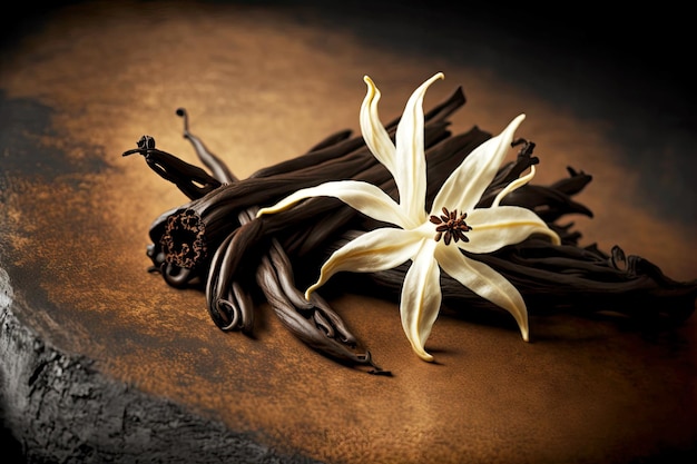 Photo dry vanilla beans with unique aroma and white flower