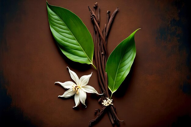 Dry vanilla beans with white flower and three green leaves