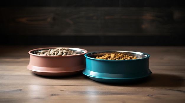 Dry and Wet Pet Food in Feeding Bowls on Wooden Floor