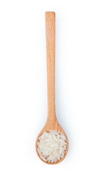 Dry white rice in wood spoon isolated on a white background