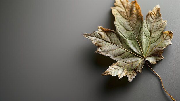 A dry withered maple leaf on a dark grey surface