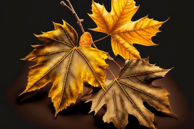 Сухие желто-коричневые кленовые листья после осеннего листопада, созданные с помощью генеративного ИИ