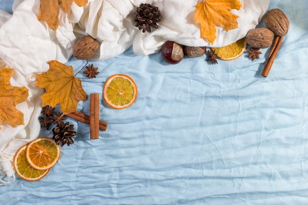 Dry yellow leaves, scarf, spices on the table. Autumn mood, copyspace, morning light.