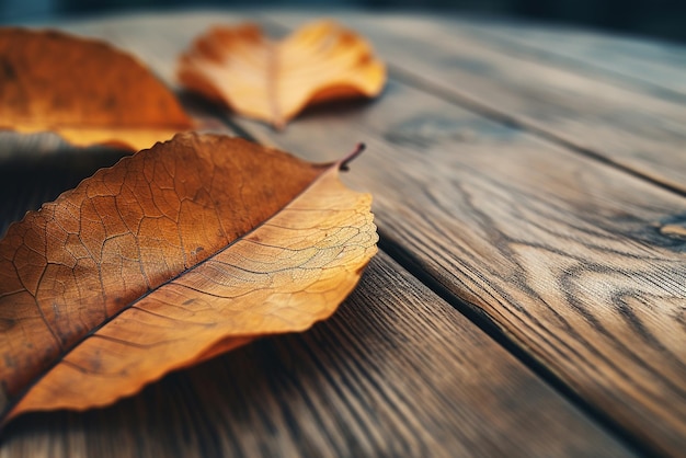 Dry yellow leaves on a wooden table