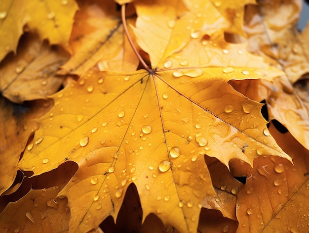 dry yellow maple leaves with drops of water generated ai