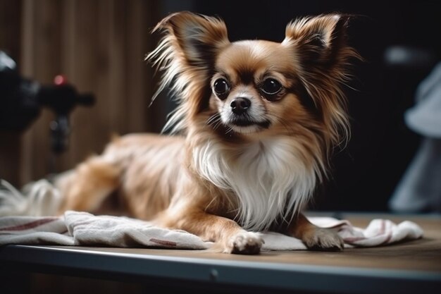 プロフェッショナルによるテーブルの上に座っている小さな犬の乾燥プロセス