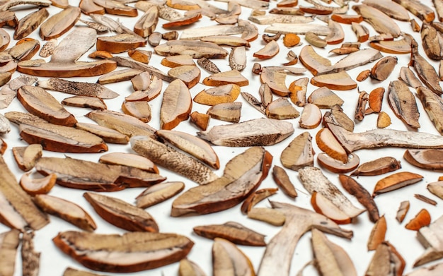 Photo drying freshly picked forest mushrooms - orange cup scaber stalk - cut to thin slices, on white paper