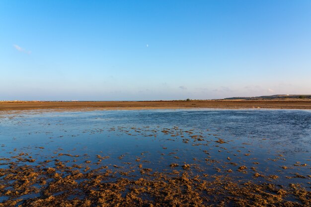 Drying lake at sunset, global warming