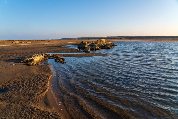 Drying lake at sunset, global warming