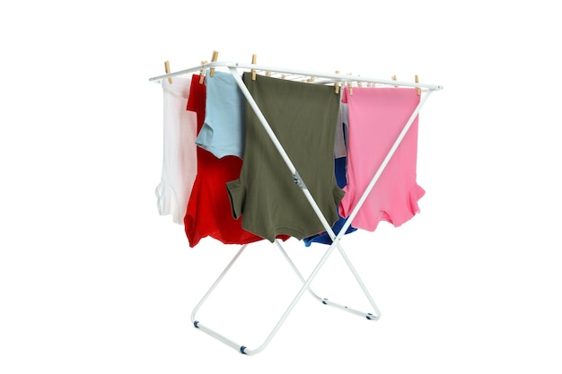 Drying rack with clothes isolated on white background