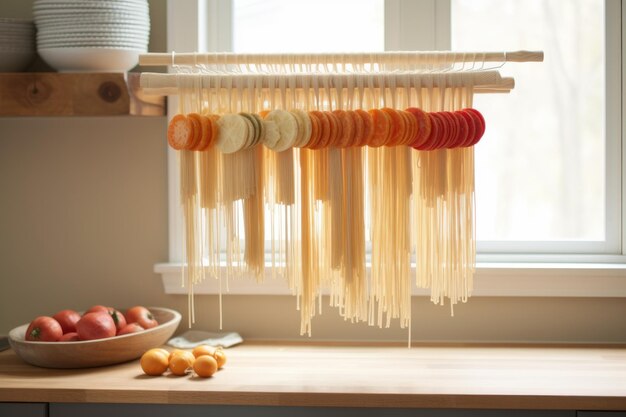 Premium AI Image  Drying rack with hanging strands of pasta created with  generative ai