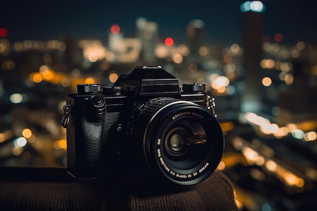 Dslr camera in the front with bokeh effect of the cityscape in the background Generative AI