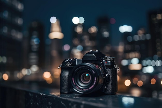 Dslr camera in the front with bokeh effect of the cityscape in the background Generative AI