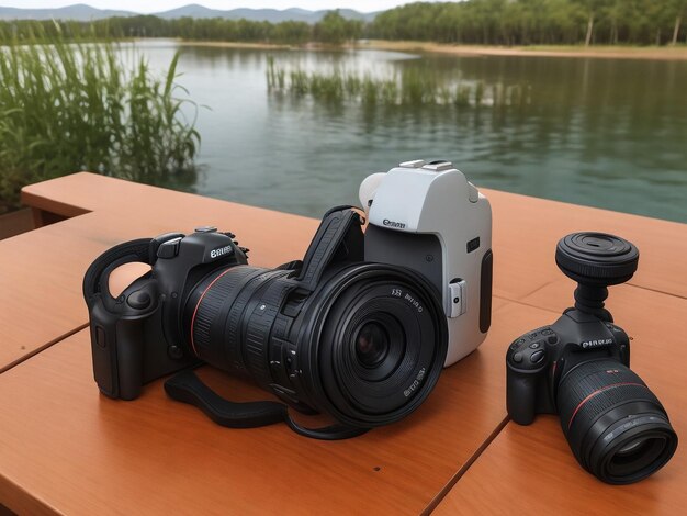 dslr camera on table and beautiful background