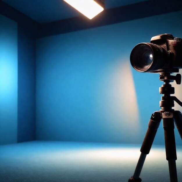 DSLR camera on a tripod in a room with blue walls