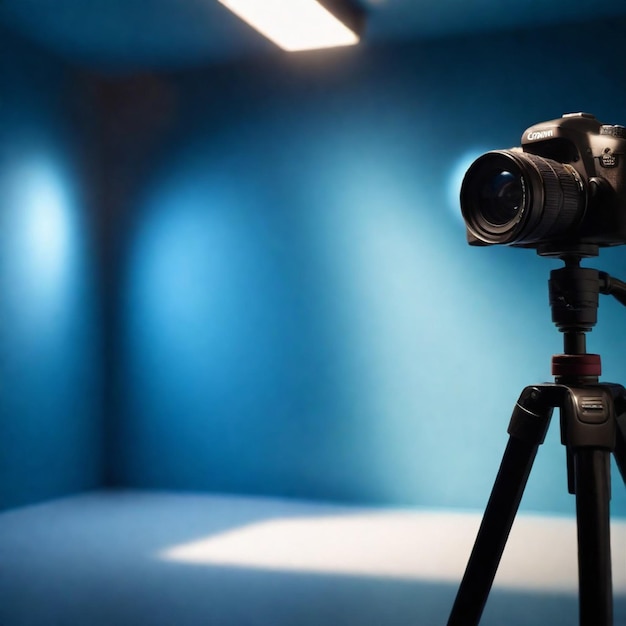 DSLR camera on a tripod in a room with blue walls