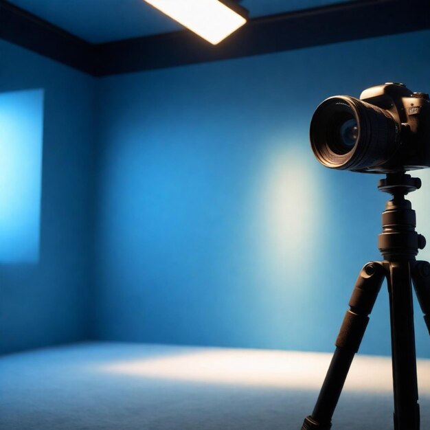 DSLR camera on a tripod in a room with blue walls